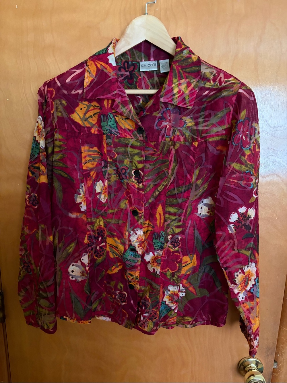 Chico's Women's Vibrant Floral Button-Front Red Blouse Size 2 (US size 12 Large)